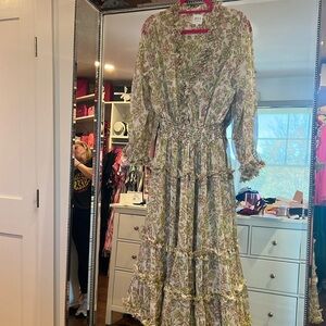 Misa Los Angeles Green and Cream Floral Tiered Maxi Dress